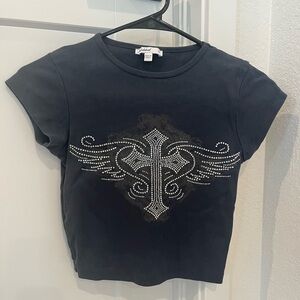 *SOLD* Subdued Navy Blue T-Shirt with Rhinestone Cross Design